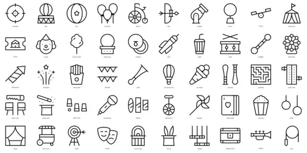 Sirk simgelerinin basit taslakları. İnce çizgili sanat simgeleri paketi. Vektör illüstrasyonu