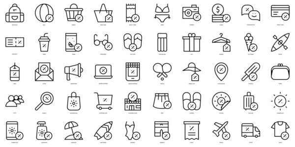 Набор тонких линий летних распродаж Icons. Векторная иллюстрация