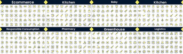 stock vector Linear Style Icons Pack. In this bundle include ecommerce, kitchen, baby, kitchen, responsible consumption, pharmacy, greenhouse, logistics