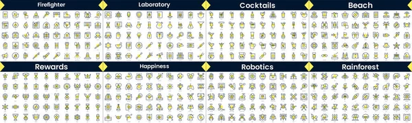 stock vector Linear Style Icons Pack. In this bundle include firefighter, laboratory, cocktails, beach, rewards, happiness, robotics, rainforest