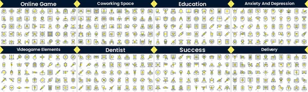 stock vector Linear Style Icons Pack. In this bundle include online game, coworking space, education, anxiety and depression, videogame elements, dentist, success, delivery