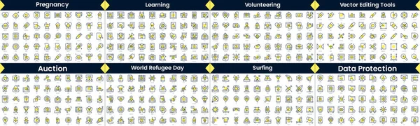 stock vector Linear Style Icons Pack. In this bundle include pregnancy, learning, volunteering, vector editing tools, auction, world refugee day, surfing, data protection