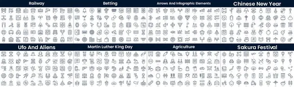 Doğrusal Biçim Simgeleri Paketi. Bu destenin içinde demiryolu, bahis, ok ve bilgi unsurları, Çin 'in yeni yılı, UFO ve uzaylılar, Martin Luther King Day, tarım, Sakura festivali