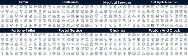 Doğrusal Biçim Simgeleri Paketi. Bu pakette Kenya, manzara, sağlık hizmetleri, sivil haklar hareketi, falcı, posta servisi, çakralar, saat ve saat yer almaktadır.