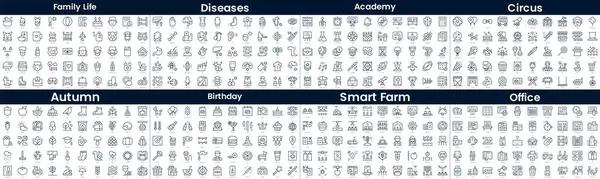 Doğrusal Biçim Simgeleri Paketi. Bu destenin içinde aile hayatı, hastalıklar, akademi, sirk, sonbahar, doğum günü, akıllı çiftlik, ofis