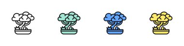 Bonsai ikonu. Özet, Yeşil, Mavi ve Sarı Biçim Tasarımı Beyaz Arkaplanda İzole Edildi