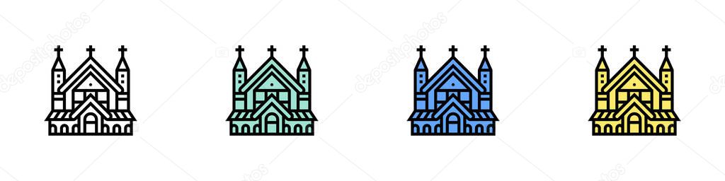 Church icon. Outline, Green, Blue and Yellow Style Design Isolated On White Background