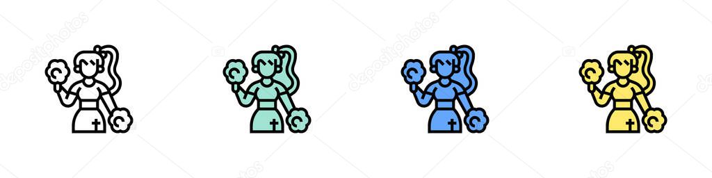 Cheerleader icon. Outline, Green, Blue and Yellow Style Design Isolated On White Background
