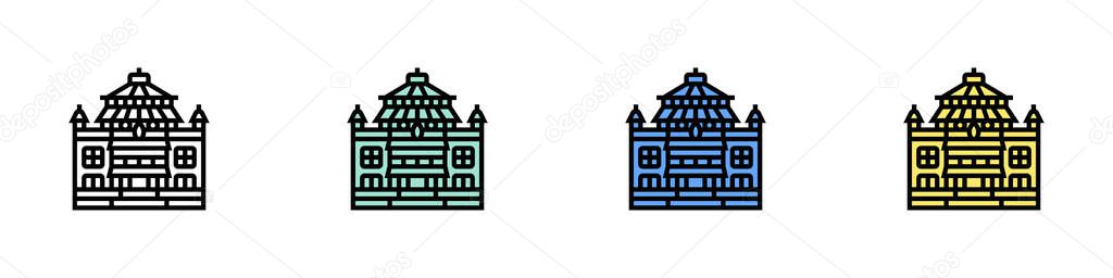 Monastery icon. Outline, Green, Blue and Yellow Style Design Isolated On White Background