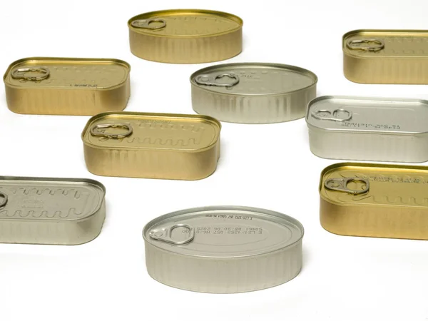 set of metal cans on white background