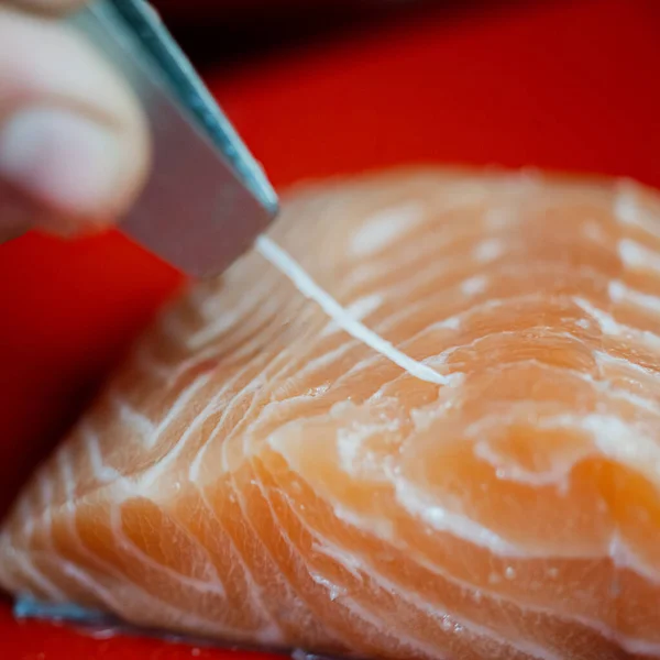 close-up of salmon fillet, red fish, salt, and lemon slices