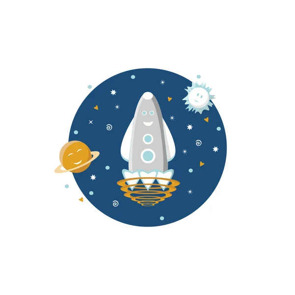 Uzay maceraları. Roket ve yıldızlı gezegenler. Çocuk kıyafetlerindeki ve aksesuarlarındaki parmak izleri için. Modern tarz ve renkler mavi, turuncu ve gridir