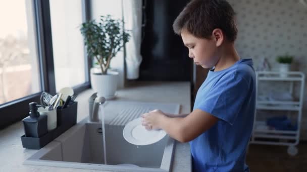 Anak Mencuci Piring Wastafel Dengan Deterjen — Stok Video