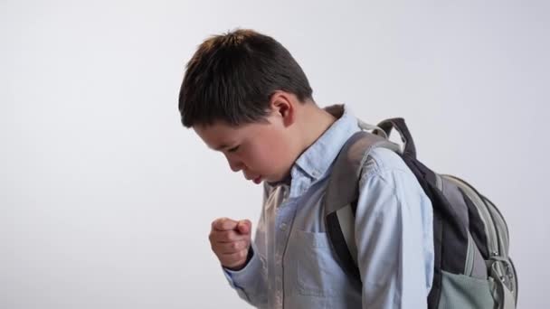 Boy Student Backpack Coughing White Background — Stock Video