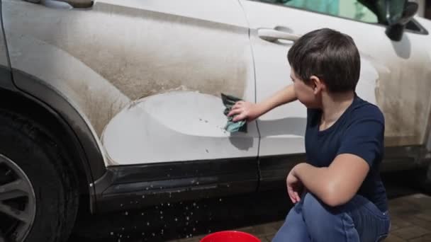 Glücklicher Junge Der Einem Sonnigen Tag Ein Auto Wäscht — Stockvideo