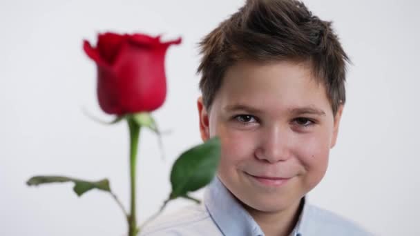 Junge Mit Roter Rose Auf Weißem Hintergrund — Stockvideo