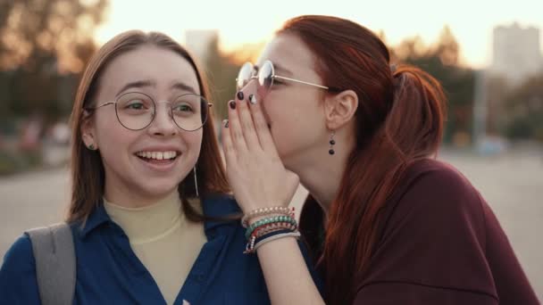 Mujer Joven Susurrando Oído Los Amigos — Vídeos de Stock