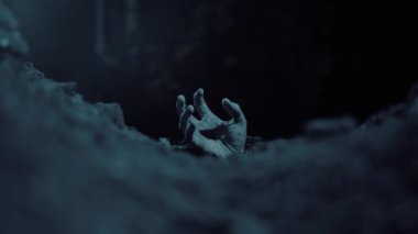 Karanlık ormandaki yoğun sisten yükselen bir zombi eli ürkütücü ve şüpheli bir an yaratıyor.