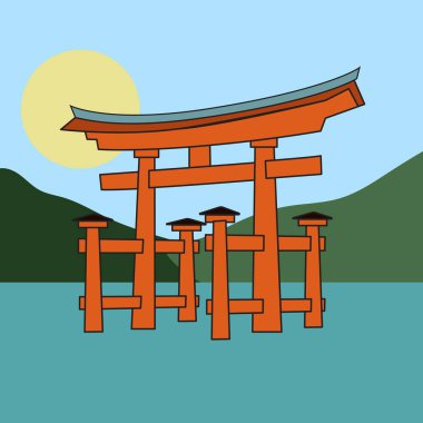 Torii kapısı su illüstrasyon vektör tasarımı ile çevrili