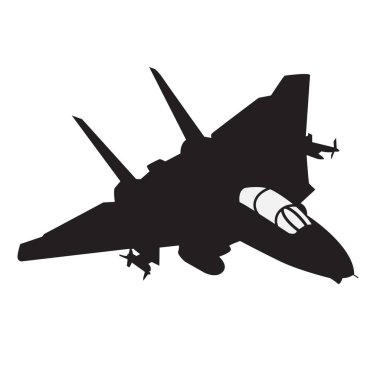 Jet savaşçısı, siyah siluet. Uçak simgesi ya da sembol. Uçak füze bombacısı logosu. Askeri gizli hava aracı. Hava kuvvetleri havacılığı. Savaş uçakları. Modern savaş teknolojisi. Vektör illüstrasyonu.