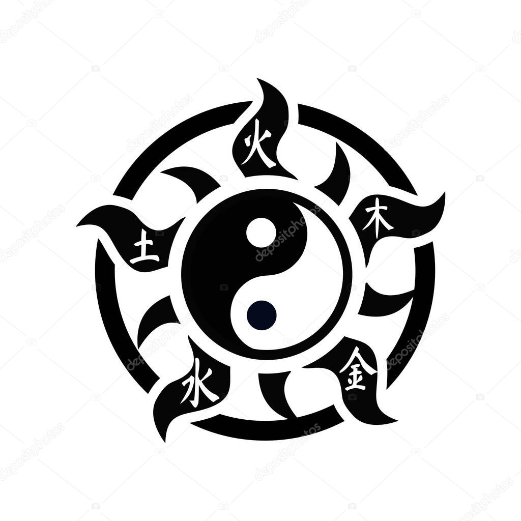 Ying yang symbol fire black and white