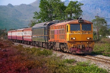 Dizel lokomotifle giden yolcu treni yamaçtaki demiryolundan geçer..