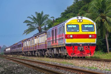 Passenger train by diesel locomotive on the railway