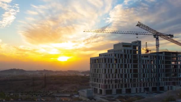 Half Built Building Cranes Romantic Sunset Time Lapse Video Camera — Stock Video