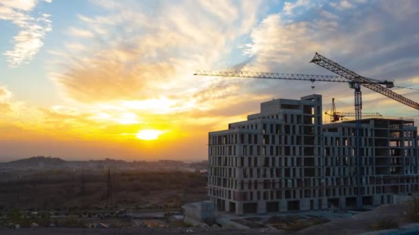 Half Built Building Cranes Romantic Sunset Time Lapse Video — Stock Video
