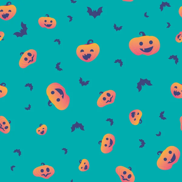 Vector of Cute Halloween Pumpkins and Purple Bats seamless pattern on Green background. Perfect for fabric, scrapbooking, wallpaper projects