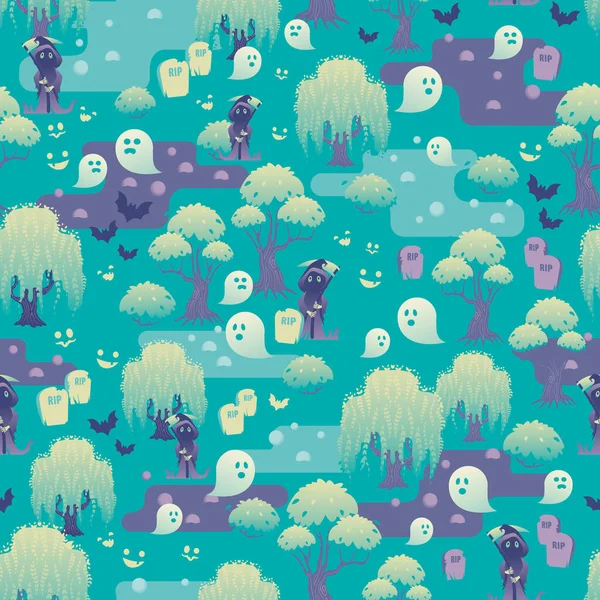 Vector of a Green Haunted Halloween Ghost Swamp seamless pattern. Perfect for fabric, scrapbooking, wallpaper projects