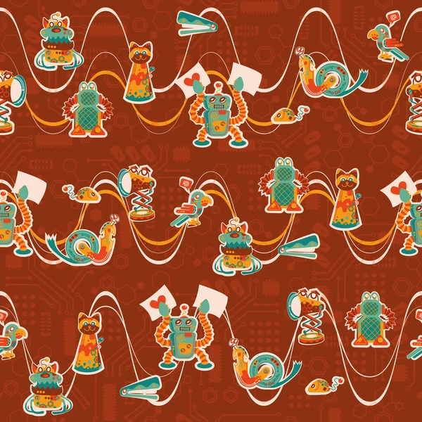 Ofis Robotlarının yeşil, turuncu, sarı renksiz, kahverengi arka planda şirin renkli vektör çizgileri. Kumaş, hatıra defteri ve duvar kağıdı projeleri için mükemmel.