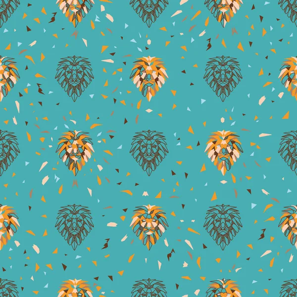 Parçalanan Aslan Başları 'nın Vektörü, mavi arkaplanda geometrik kusursuz desen. Kumaş, hatıra defteri ve duvar kağıdı projeleri için mükemmel.