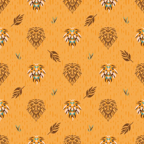 Savanne 'daki Lion Heads' in Vektör Deseni sarı arka planda kusursuz desen. Kumaş, hatıra defteri ve duvar kağıdı projeleri için mükemmel.