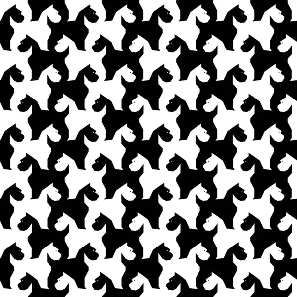 Siyah ve beyaz teriyer köpeklerin soyut taşıyıcısı beyaz arka planda kusursuz bir desen tasarımı olarak. Kumaş, hatıra defteri ve duvar kağıdı projeleri için mükemmel.
