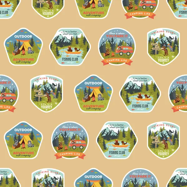Sırayla dizilmiş Kusursuz Kamp Yaşam Rozetleri Deseni Tasarımı 'nı keşfedin. Kumaş, hatıra defteri ve duvar kağıdı projeleri için ideal. Yaratıcı çabalarınıza açık hava macerası getirmek için..