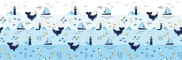 Yön tekneleri, balinalar ve deniz fenerlerinin yatay, canlı ve maceracı deniz vektörü tekrarı tasarımını içeren tuhaf bir denizcilik deseni.