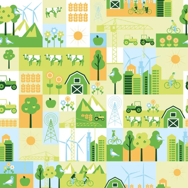 Sürdürülebilir tarım, yenilenebilir enerji ve uyum içinde eko-dostane yaşam tarzları gösteren renkli modellerin taşıyıcısı. Arka plan, kumaş, hatıra defteri, duvar kağıdı projeleri için mükemmel..