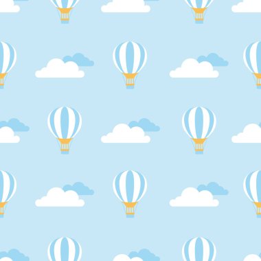 Pofuduk bulutlar arasında parlak mavi bir gökyüzüne karşı yüzen canlı sıcak hava balonları gösteren tuhaf bir vektör yineleme şablonu. Kumaş, albüm ve duvar kağıdı projeleri için mükemmel..