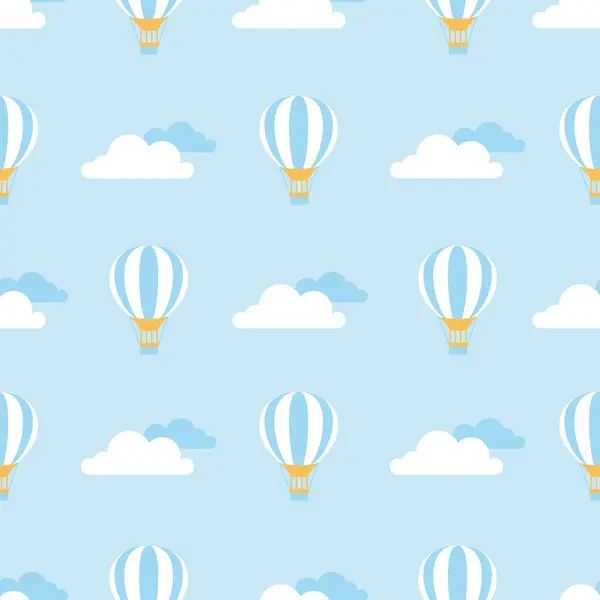 Pofuduk bulutlar arasında parlak mavi bir gökyüzüne karşı yüzen canlı sıcak hava balonları gösteren tuhaf bir vektör yineleme şablonu. Kumaş, albüm ve duvar kağıdı projeleri için mükemmel..