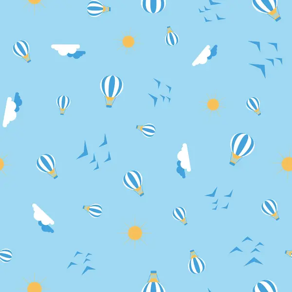 Renkli sıcak hava balonları, kabarık bulutlar ve canlı mavi gökyüzünde mutlu kuşlar, kumaş, hatıra defteri ve duvar kağıdı projeleri için mükemmel.. 