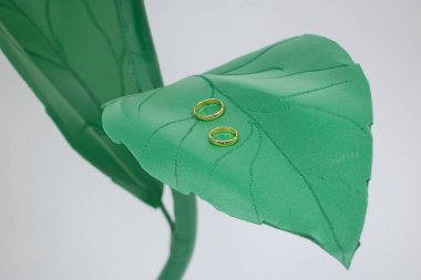 Altın alyanslar suni güllerin yeşil yaprağında yatıyor..