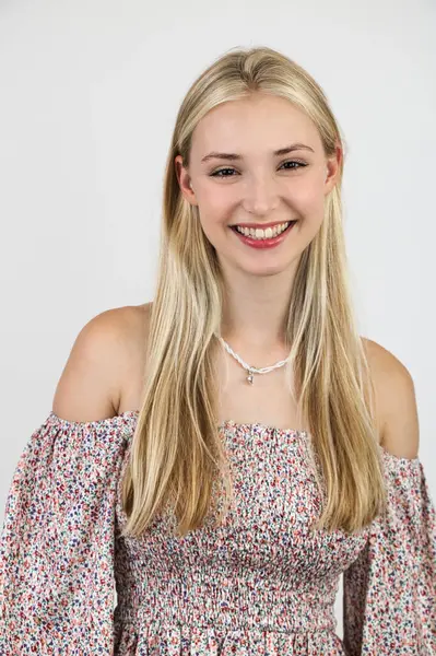 stock image Photo of young attractive girl, happy, positive, smiling, humorous joke, laughing, isolated on light background.