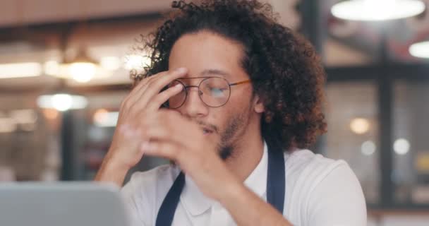 Closeup Stressed Coffee Shop Owner Bending Counter Propping Face Worrying — Stock Video