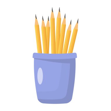 İzole bir arka planda bir vazoda duran sarı kalemler yığını. Düz stil çizim aracı ve kırtasiye sepeti..