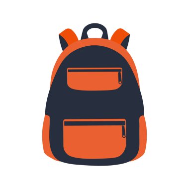 Beyaz arka planda turuncu cepleri olan koyu mavi bir okul çantası. Düz biçimli vektör illüstrasyonu.