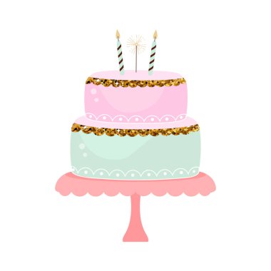 Mumlu doğum günü pastası ve pastel renkli havai fişekler. Doğum günü, düğün ya da yıldönümü. Düz biçimli vektör illüstrasyonu.