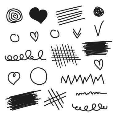 İzole edilmiş arka plana soyut el karalamaları koleksiyonu. Kalpler, kontroller, daireler ve girdaplar. El çizimi geometrik şekiller kümesi.