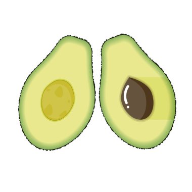 Avokado izole edilmiş beyaz arka planda ikiye bölünmüş. Düz stil..
