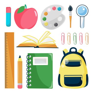 Okul malzemeleri beyaz arka planda izole edilmiş. Okula dönelim. Düz biçim vektör illüstrasyonu.